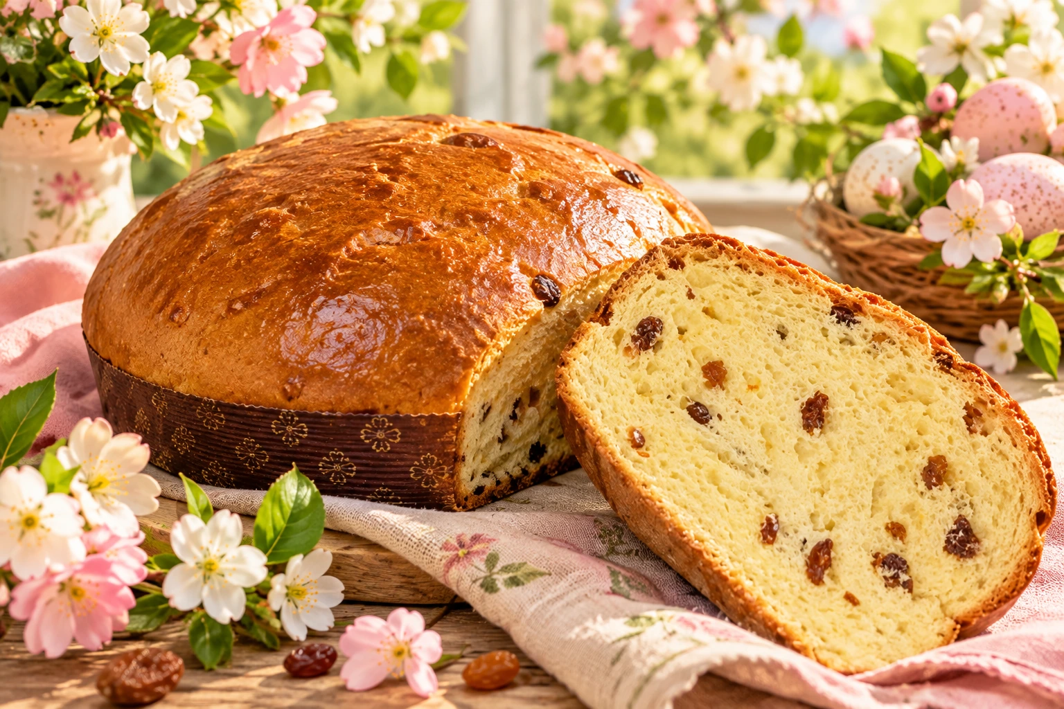 Pagnotta di Pasqua artigianale dalla crosta dorata in un'ambientazione primaverile