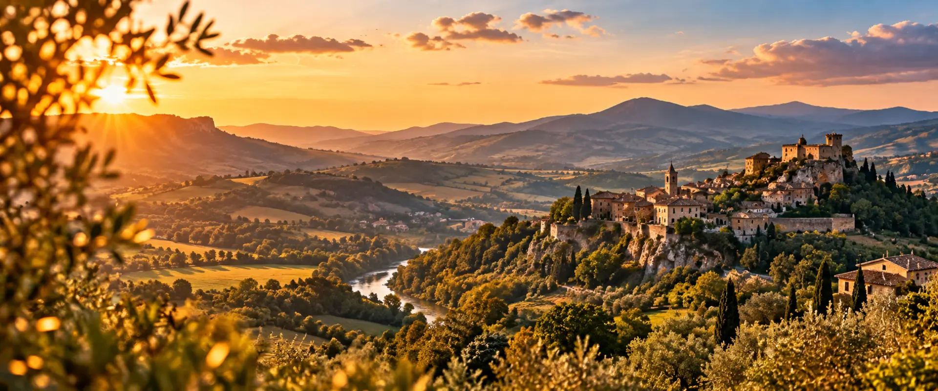 Panorama della Valmarecchia al tramonto con colline e borgo fortificato