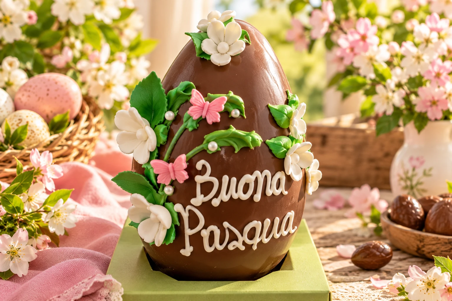 Uovo di Pasqua artigianale di cioccolato decorato con fiori, in un'ambientazione primaverile